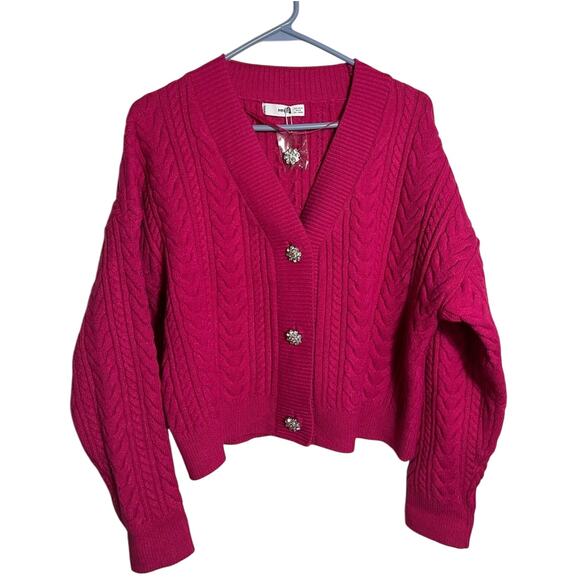 Mango MNG Hot Pink Cable Cardigan with embellished rhinestone buttons Size M - Picture 1 of 8
